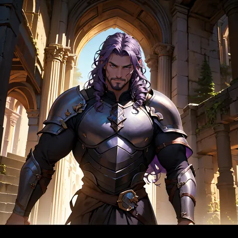 ​masterpiece,Best Quality, detailed,Close-up of a person&#39;Upper body body, 4k, Cinematics, Background with:Stairs inside a dark cave inside a medieval castle, A burly middle-aged knight wearing black bat-shaped armor... (light purple long curly hair)