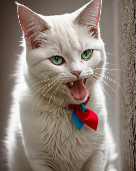 fun crazy photo shoot, crazy photographer takes pictures (smiling crazy white cat), photographic accuracy, shot on Leica M6 with flash, masterpiece, best quality, extremely detailed 8k wallpaper, HD photo quality, high resolution, magic, photorealism, port...