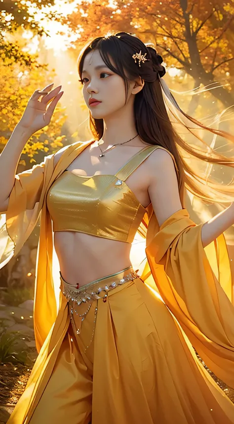 (elegant colors,Immortal light fills the air)Dance movements，(1 girl with good figure)Long messy hair,(dynamic angle,Yellow ginkgo tree background,Autumn landscape)Super refined,super-detailed CG, (tmasterpiece,ultra - detailed,Best quality)Feel the textur...