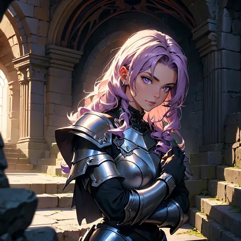 ​masterpiece,Best Quality, detailed,Close-up of a person&#39;Upper body body, 4k, Cinematics, Background with:Stairs inside a dark cave inside a medieval castle, Female knight wearing black bat-shaped armor(Long bright purple curly hair)