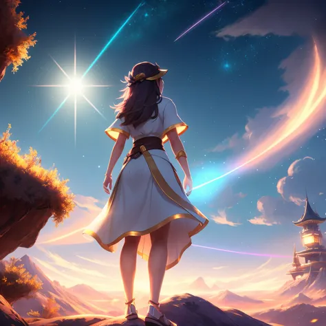 a close up of a masterpiece, best quality, 1girl, solo, guizhong_genshin, default_dress, from behind, starry sky print, sleeves over wrists, barefoot standing in front of a light beam, glowing lens flare wraith girl, 8 k hd wallpaperjpeg artifact, 8k hd wa...