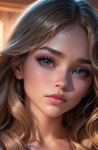 Ultra Realistic, angled shot, chin up, Colorful, big wavy hair, hair has lots of body, beautiful gorgeous woman, wild rainbow hair, detailed eyes, detailed irises, wild floating hair, blonde hair, extreme makeup, large pouting lips, only a bikini，perfect i...