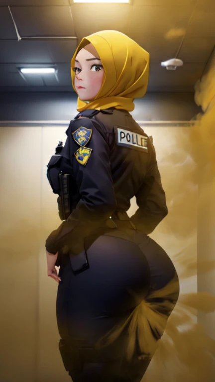 ((velocity)),Yellow smoke,Attacked by farts, (((Women farting))),(girl farting while interrogating prisoners)),frowned,velocity,(Yellow smoke is rising))(a female police), (wearing a police uniform),(standing facing the screen),(her butt facing the screen)...