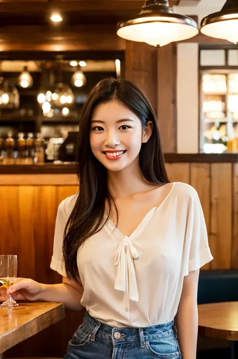 Top image quality、​masterpiece、Beautuful Women、japanes、25-years old、Face Up、Inside the restaurant、a smile、Raw photo、Plain white blouse、chest、A sexy