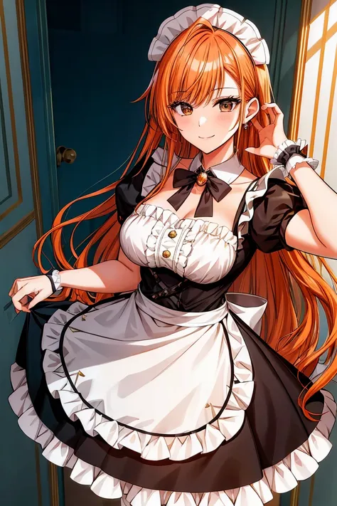 (shoujo-style:1.2), masterpiece, best quality, arisugawa natusha, 1girl, solo, standing, smile, bangs, breasts, maid headdress, ...