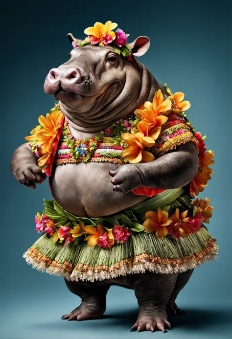 photorealistic portrait of dressed animals - a fat hippopotamus  hula dancer,(dancing), high quality,(lovely) intricate details ...