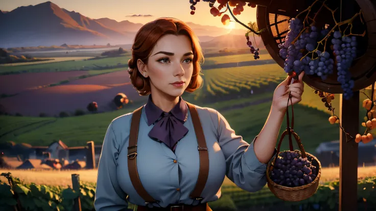 a picture of (1 woman), a 40-year- old Scottish woman, 1940s period piece, world war 2 style,  high-rise working trousers, suspenders, red gingham shirt, (((picking grapes in a vineyard))), cinematic, UHD, masterpiece, anatomically correct, textured skin, ...