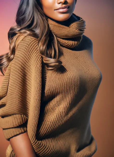 objective: creating a scene that conveys a feeling of freshness and vitality, subject: Develop a visually striking image of a woman with brown skin wearing a micro sweater, attire: sweater shawl scarf, Tan Khaki Amber, Capture natural, glowing beauty under...