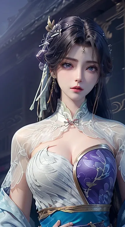 1 Beautiful Van Hi girl wearing Hanfu, 27 year old girl，Has the face of an old lady, korean-doll, Thin purple silk shirt with lots of white texture, white lace top, Platinum purple long ponytail, hair adornments, ear jewelry, necklace and necklace , Carefu...