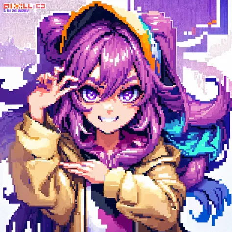 ((in pixel art style)), pixel, 8 bit, 1girl, close-up, face only, cream hair, purple hair, purple eyes, grin, loose hoodie, blac...