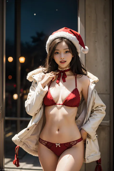 Top image quality、超A high resolution、masutepiece、Photoquality(photographrealistic:1.8)、pores、accuracy、Black-haired、Japan women、20 years girl、Night Party、Christmas Party、nightcity、（Small open mouth、Laughing、White teeth）、Christmas、（Santa Claus red coat、furr）...