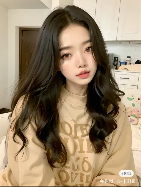 um close de uma pessoa com cabelo comprido vestindo um moletom, ulzzang, menina coreana, com cabelos longos, young adorable kore...