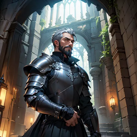 ​masterpiece,Best Quality, detailed,Close-up of a person&#39;Upper body body, 4k, Cinematics, Background with:Stairs inside a dark cave inside a medieval castle, A knight wearing black bat-shaped armor(Trimmed beard and silver short hair)