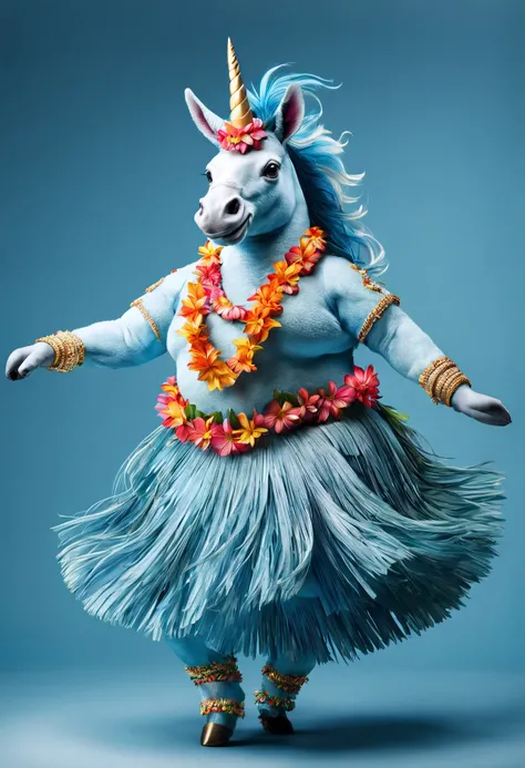 photorealistic portrait of Dressed animals - a fat  blue unicorn  hula dancer,(dancing), high quality,(lovely) intricate details highly detailed hula costume ,flower lay, studio lighting,(full body image:1.5)