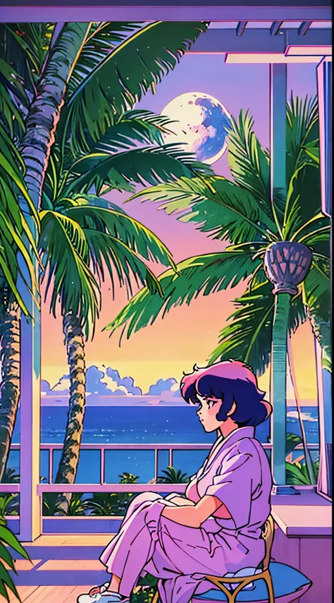 (((Hiroshi Nagai)))，a moon，Faraway view，shores，Palm trees，Abstract，Resort，muted pastel colors，Soft Pictures，retro anime, 1990s anime, 1980s anime, retro anime，Retro anime style，masutepiece, Best Quality, Old School Anime, Beautiful anime