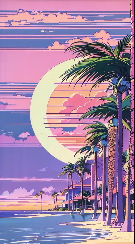 (((Hiroshi Nagai)))，a moon，Faraway view，shores，Palm trees，Abstract，Resort，muted pastel colors，Soft Pictures，retro anime, 1990s anime, 1980s anime, retro anime，Retro anime style，masutepiece, Best Quality, Old School Anime, Beautiful anime