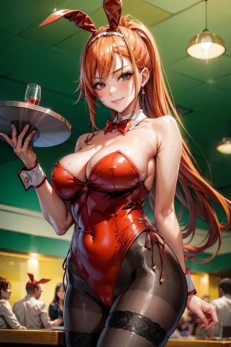 (sexy-style:1.2), masterpiece, best quality, arisugawa natusha, 1girl, solo, (holding tray), standing, casino table, smile, bangs, breasts, thighs, casino, indoors, smirk, smug, long hair, orange hair, looking at viewer, ponytail, fake animal ears, playboy...