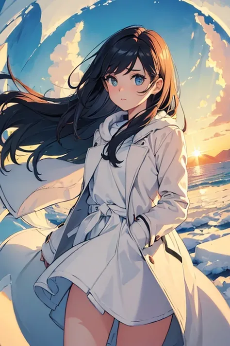 (Masterpiece: 1.5), (Best Quality), (Chill Girl: 1.5), (Solo), Winter, (Symmetry), Wide Shot, Fisheye Lens, Distant, (Beautiful Sea), Morning Glory, Sunrise, Dynamic Angle, Dynamic Lighting , wind, over my shoulders, baggy white coat