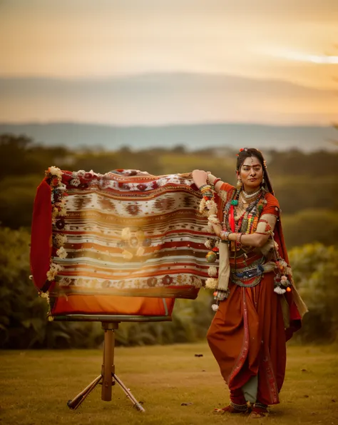 Ultra 8k, araffe woman standing in a field with a blanket on a tripod, wearing an elegant tribal outfit, traditional photography, traditional costume, traditional dress, she is dressed in shaman clothes, traditional beauty, indian style, captured on canon ...