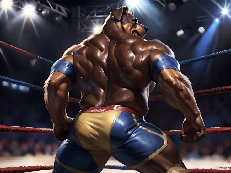 (ultra quality):1.4, 4k resolution, color, smooth comics style:1.2, (by taran fiddler, by meesh, by chunie), solo, rottweiler:1.1, wrestling scene, very muscular, very heavyweight, correct anatomy, wrestling, sweat:1.5, sweat dripping, strong, masculine, w...