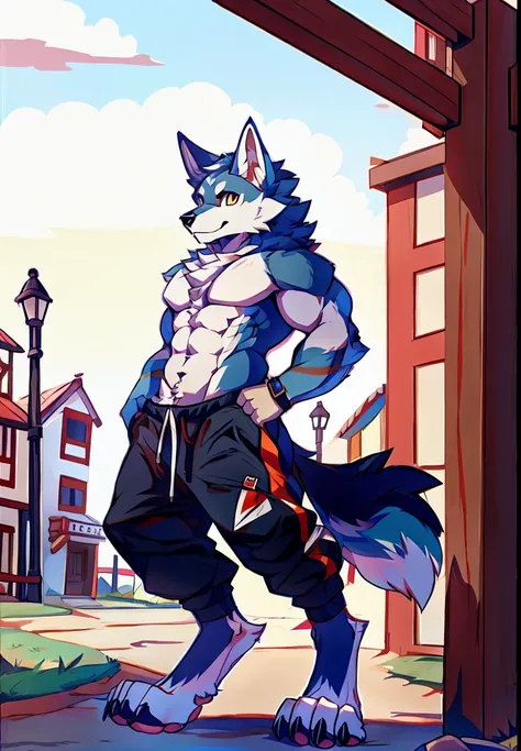 Human-wolf，musculous，Full Body Furry，paws with claws，pass upright，The upper body is naked，Short sweatpants，towns