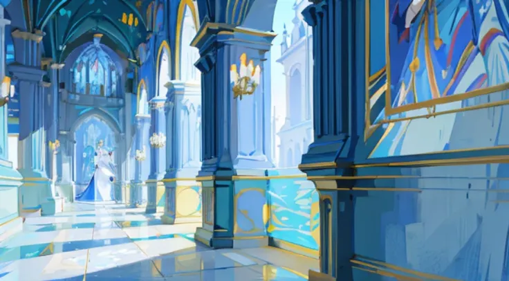 A woman in a blue dress walked down the hallway, exquisitely designed throne room, in the throne room, palace background, throne room, Disney 2D animation stills, light kingdom backdrop, cathedral background, by disney, inside a palace, frozen Claus film, ...