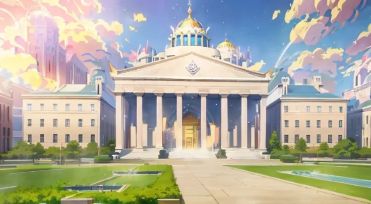 Animation scene of building with fountain and bell tower, palace background, highschool background, Anime background art, Anime background main vision, Colorful anime movie background, Madhouse Studio anime style, light academic aesthetics, anime backgroun...