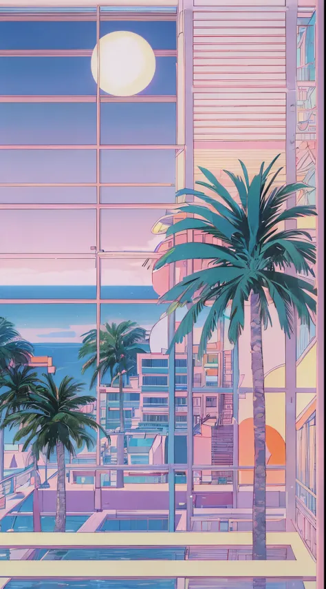 (((Hiroshi Nagai)))，a moon，Faraway view，shores，Palm trees，Abstract，Resort，muted pastel colors，Soft Pictures，retro anime, 1990s anime, 1980s anime, retro anime，Retro anime style，masutepiece, Best Quality, Old School Anime, Beautiful anime