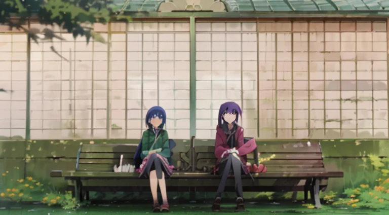 Anime scene of two people sitting on a bench in front of the screen, Sarsura, Still from TV animation, sankakucomplex anime image, earth stone, Today’s recommended anime is still, Misato Katsuragi, kyoto animation still, in style of kyoto animation, Goto I...