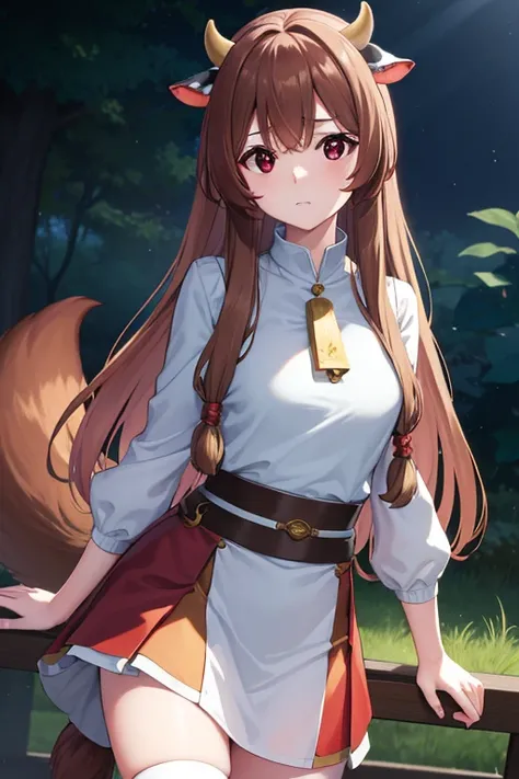 Lavtalia, Lavtalia, Animal ear, Brown hair, long whitr hair, raccoon ears, Raccoon girl, Raccoon tail, (red eyes:1.5), coda,
Rest arm garters, obi strip, Brown belt, brown robe, a skirt, juliet sleeves, longer sleeves, Fluffy sleeves, short  skirt,
BREAK l...