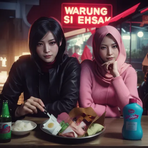 Ada wong, woman, wearing jacket with pink hijab, cool, little smile expression