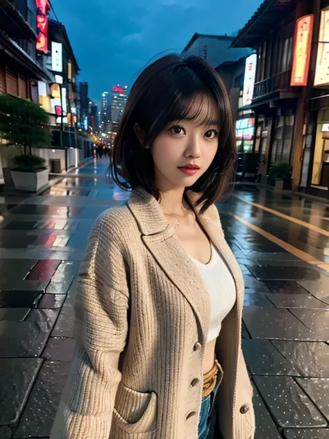 Beautuful Women，Stroll around the city at night、Portrait of a woman in a coat, top-quality、hyper HD、奈良美智, Japanese Models, Beautiful Japan Girl, With short hair, 27-year-old female model, 4 k ], 4K], 27yo, sakimichan, sakimichan、The city where it rains，Sho...