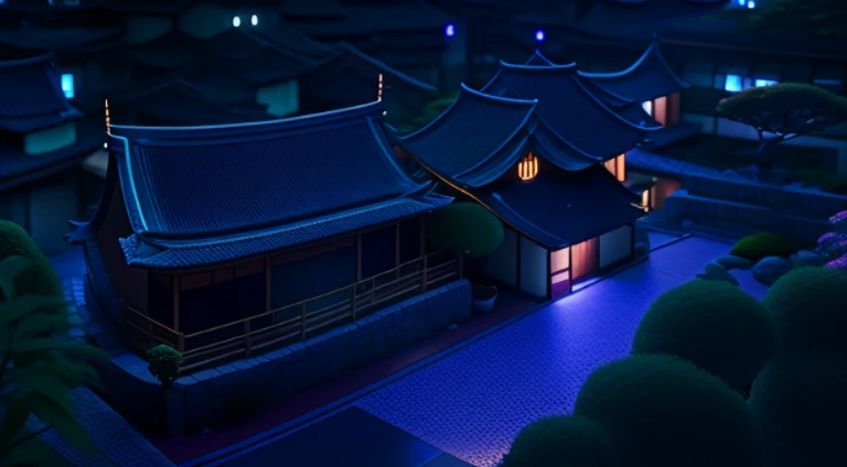 Night view of house with courtyard and garden, Night village background, jpn. Volumetriclighting, Shen Haicheng, anime movie backgrounds, anime backgrounds, in style of kyoto animation, Movie lights at night, movie night scene lighting, Screenshot of the a...