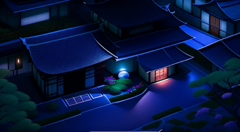 Night view of house with courtyard and garden, Night village background, jpn. Volumetriclighting, Shen Haicheng, anime movie backgrounds, anime backgrounds, in style of kyoto animation, Movie lights at night, movie night scene lighting, Screenshot of the a...