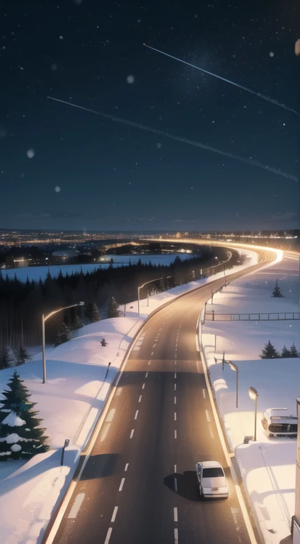 ((Birds Eye View )) outside, scenery, highway, Night, snowing, Christmas time.