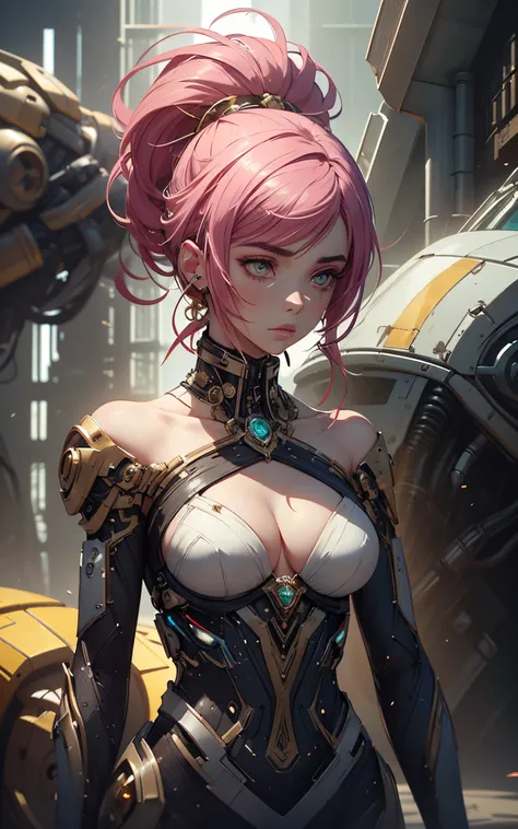 8k portrait of beautiful (cyborg) with pink hair, (Dua Lipa) , mecha musume scifi body suit, pauldrons, intricate, elegant, highly detailed, majestic, digital photography, art by artgerm and ruan jia and greg rutkowski surreal painting reflective, hairpin ...