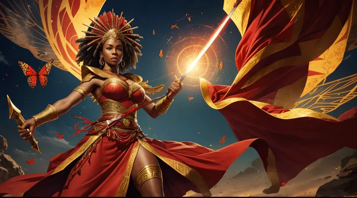 African warrior woman, goddess, with red and gold robes, holding a sword, butterflies around her, strong winds, dancing