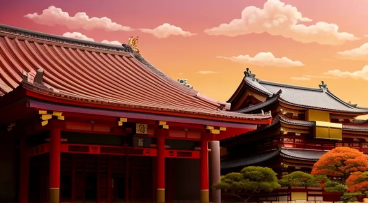 There is a photo of the building，There is a clock on it, a temple background, Zen temple background, japanese temples, anime backgrounds, japanese temples, background depicting a temple, Anime background art, Colorful anime movie background, Anime landscap...