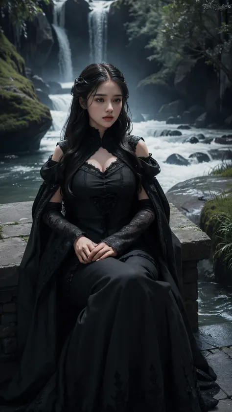 HDR 10, beautiful girl, detailed eyes, detailed lips, very long hair, black hair, ultra detailed texture, water drops, outdoors, game of thrones, black heavy dress, (high detailed black dress:1.5), lace, loops, soft lighting, attractive poses,