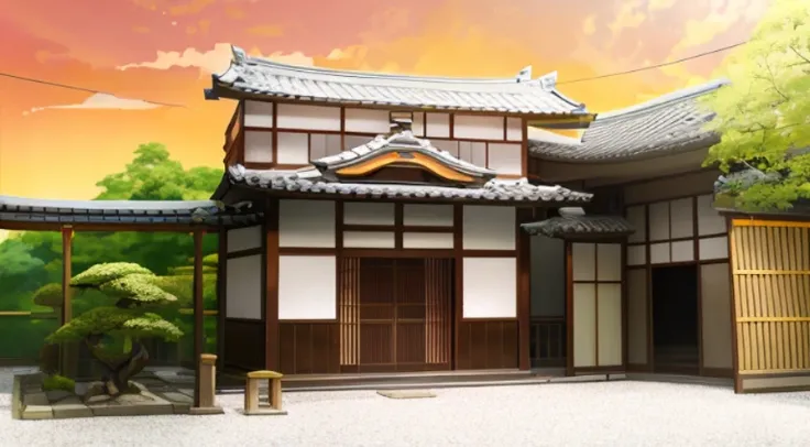 There is a small house，There is a tree in front, Madhouse Studio anime style, Japanese house, Inspired by Takeji Fujishima, Monokubo, style of madhouse anime, in style of kyoto animation, The background is an Edo period house, Natsume friend account, Inspi...