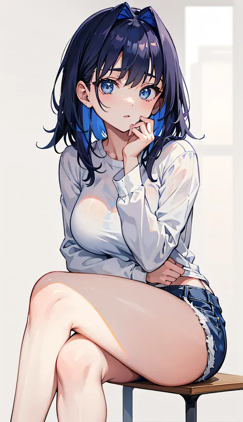 anime girl sitting on a stool with her hand on her chin, 1girl, short dark blue hair, large breasts, blue eyes, wearing plain white shirt, denim shorts, city, absurdres, high res, ultrasharp, 8K, masterpiece, looking at viewer