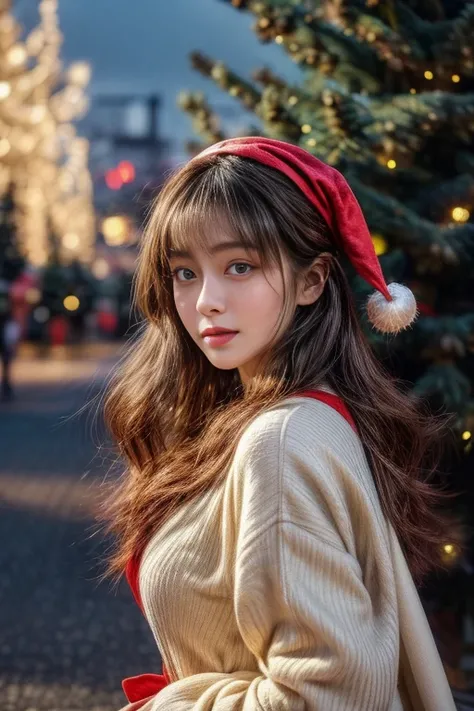 ​masterpiece、8K、32K、top-quality、(A detailed eye)、(A cute Japanese woman、bangss)、23years old、1 girl in、elegent、(Detailed background depiction、portlate:1.2)、(Christmas tree:1.4)、natta、street、(Santa Claus Costume:1.2)、is standing、(illuminations:1.4)、cowboy  s...