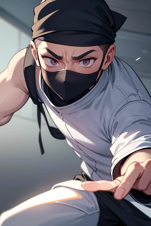 ninja boy with fabric face mask and bandana eyes only, White clothes, sneaking at day, stealthy movement, dark ceiling,(best quality,4k,8k, high res,masterpiece:1.2),ultra-detailed,physically-based rendering, professional, sharp focus, mysterious, contract...