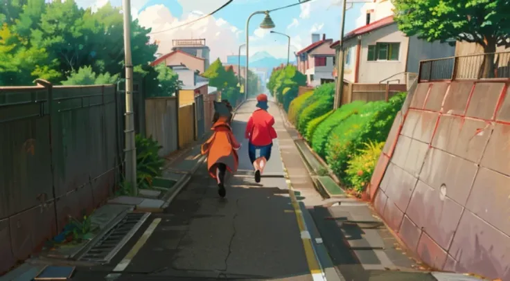 Animation scene of a woman wearing a red coat walking down the street, residential district, walk through suburbs, Anime background art, anime scene, the anime girl is running, beautiful anime scenes, forest city streets behind her, walking at street, On a...