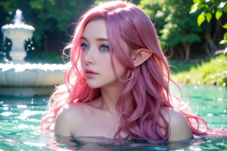 "o Woman, long curly hair, pink hair, blue eyes, elf, bathing in the lake, in the water, lake, water fountain, flowers around, highlighted eyes, blue eyes, naked, naked