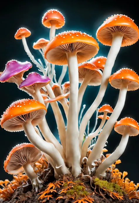 (best quality,ultra-detailed),professional,close-up,bioluminescent mushroom,sharp focus,vivid colors,studio lighting