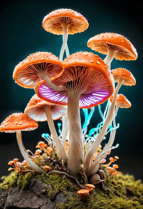 (best quality,ultra-detailed),professional,close-up,bioluminescent mushroom,sharp focus,vivid colors,studio lighting