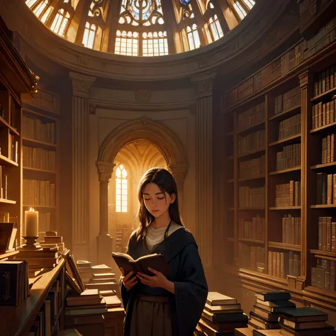 A profound self-discovery scene in an ancient library, a person immersed in reading, surrounded by dusty shelves of books, a soft glow illuminating their face, symbolizing the wealth of knowledge contributing to personal growth, Artwork, oil painting with ...