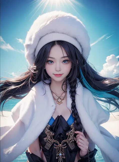 Long colored hair，Nice face，sling bikini，Heterochromatic pupil，ssmile，apathy，比基尼，Full body photo，the soft light，beret