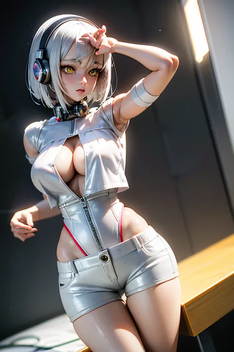 Cute girl, short hair, beautiful eyes, white shirt, short pants, white hair, headphone,Beautiful yellow eyes, Painter, sexy, anime - style woman with headphones posing in, perfect android girl, seductive anime girl, photorealistic anime girl render, render...